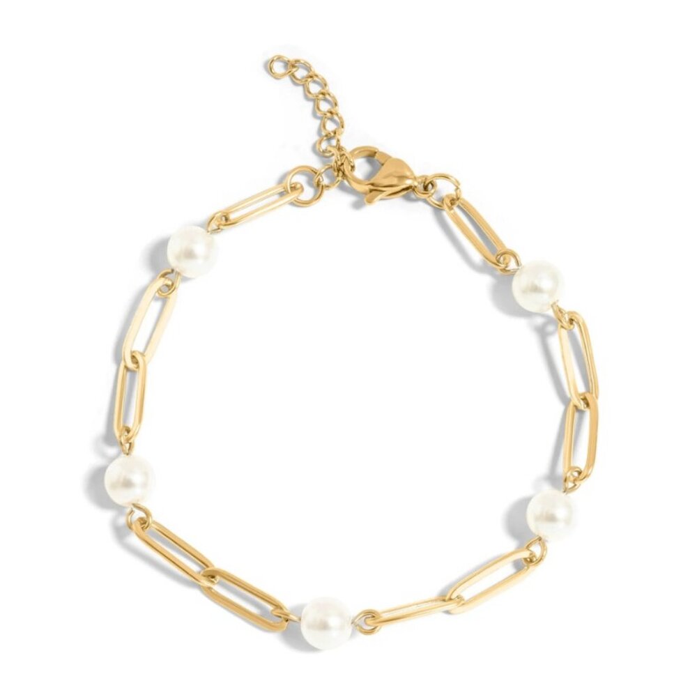 18k Gold PVD Paperclip Pearl Bracelet, Hypoallergenic, Water & Tarnish-Resistant
